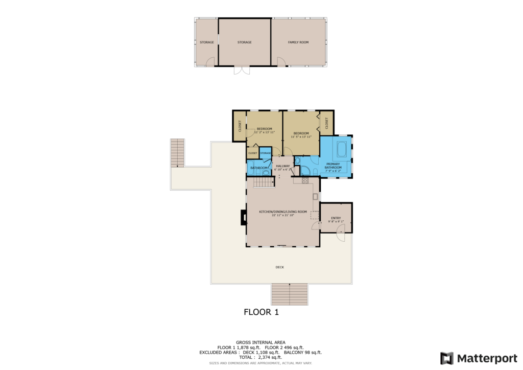 108 Alimeda Rd - 1st Floor Plan showing deck, our buildings and main floor